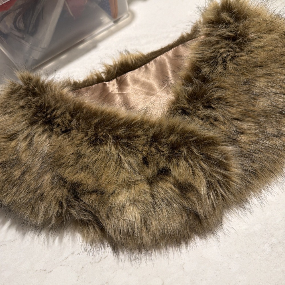 Vintage Faux Fur Round Collar Stole, Brown Beige with Satin Lining